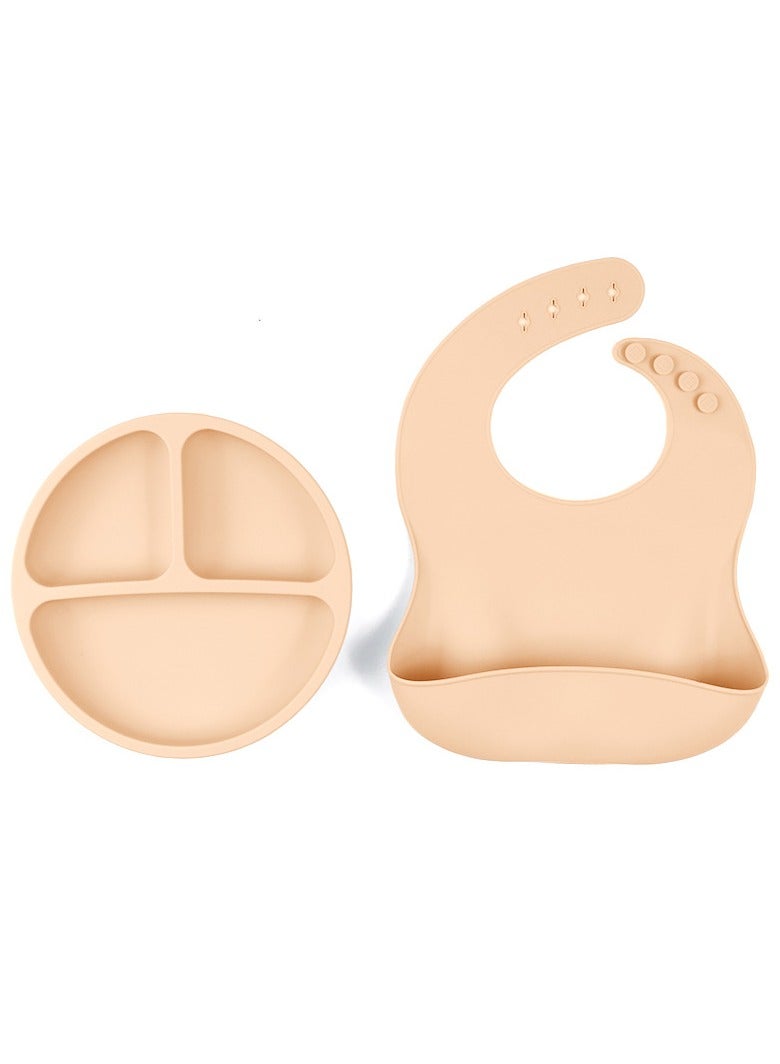 طقم أدوات المائدة السيليكون للأطفال مجموعة صينية طعام الأطفال (صينية + جيب اللعاب) بيج طقم من قطعتين - Image 1