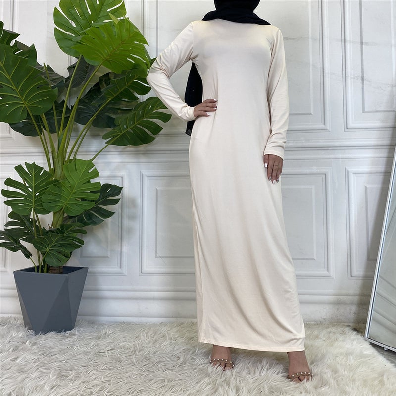 Arabic solid color long sleeve bottoming shirt dress womens 6532 Leather powder - Image 2