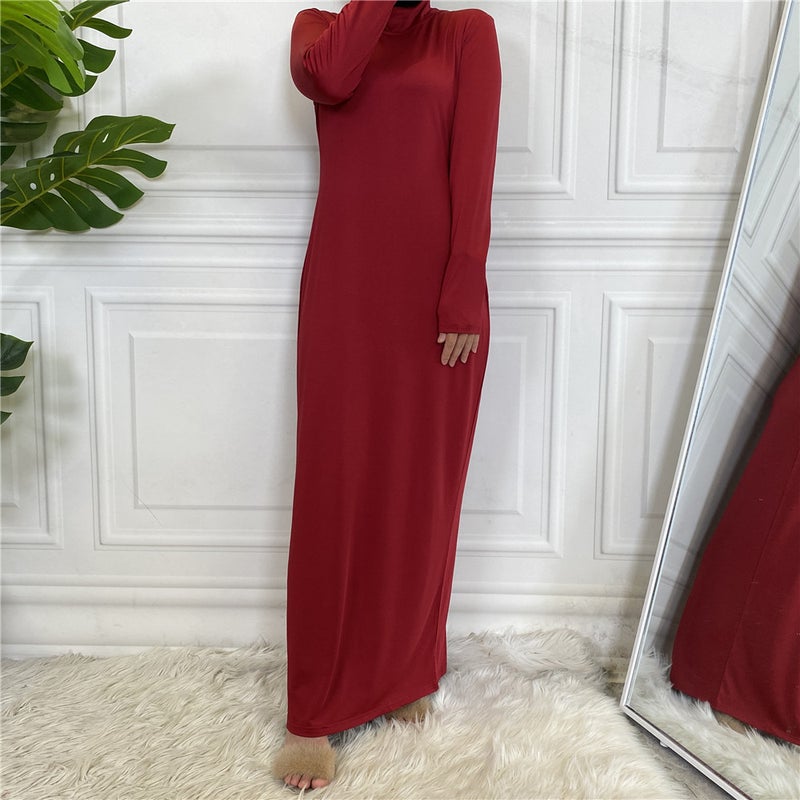 Arabic solid color long sleeve bottoming shirt dress womens 6532 Leather powder - Image 4