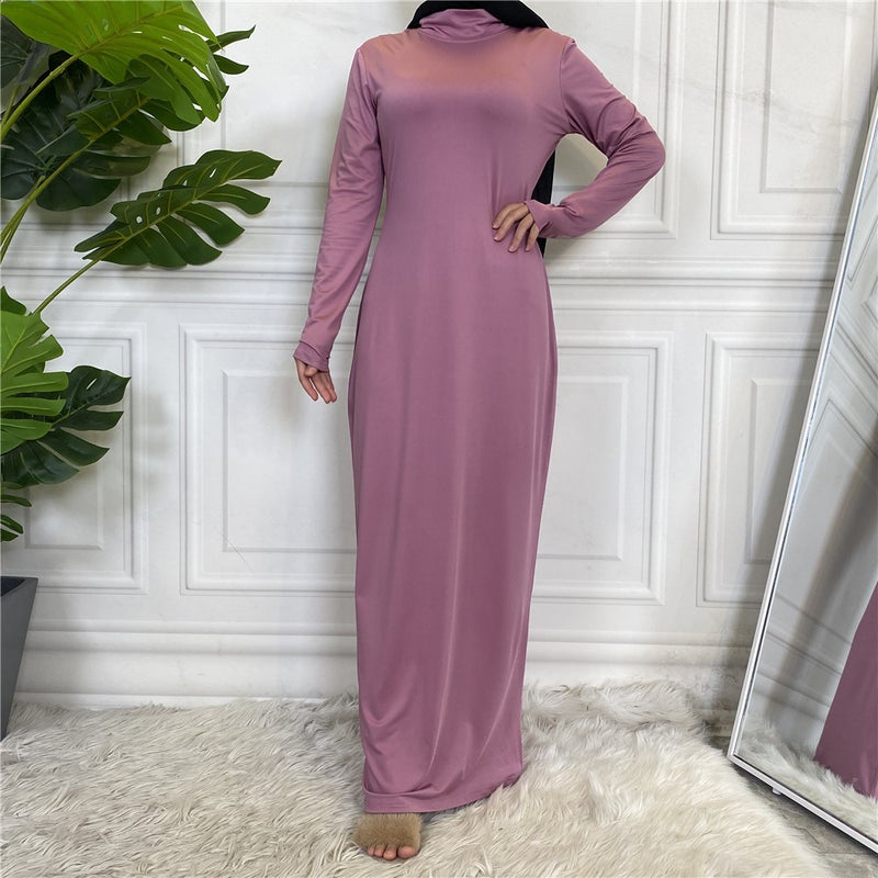 Arabic solid color long sleeve bottoming shirt dress womens 6532 Leather powder - Image 1