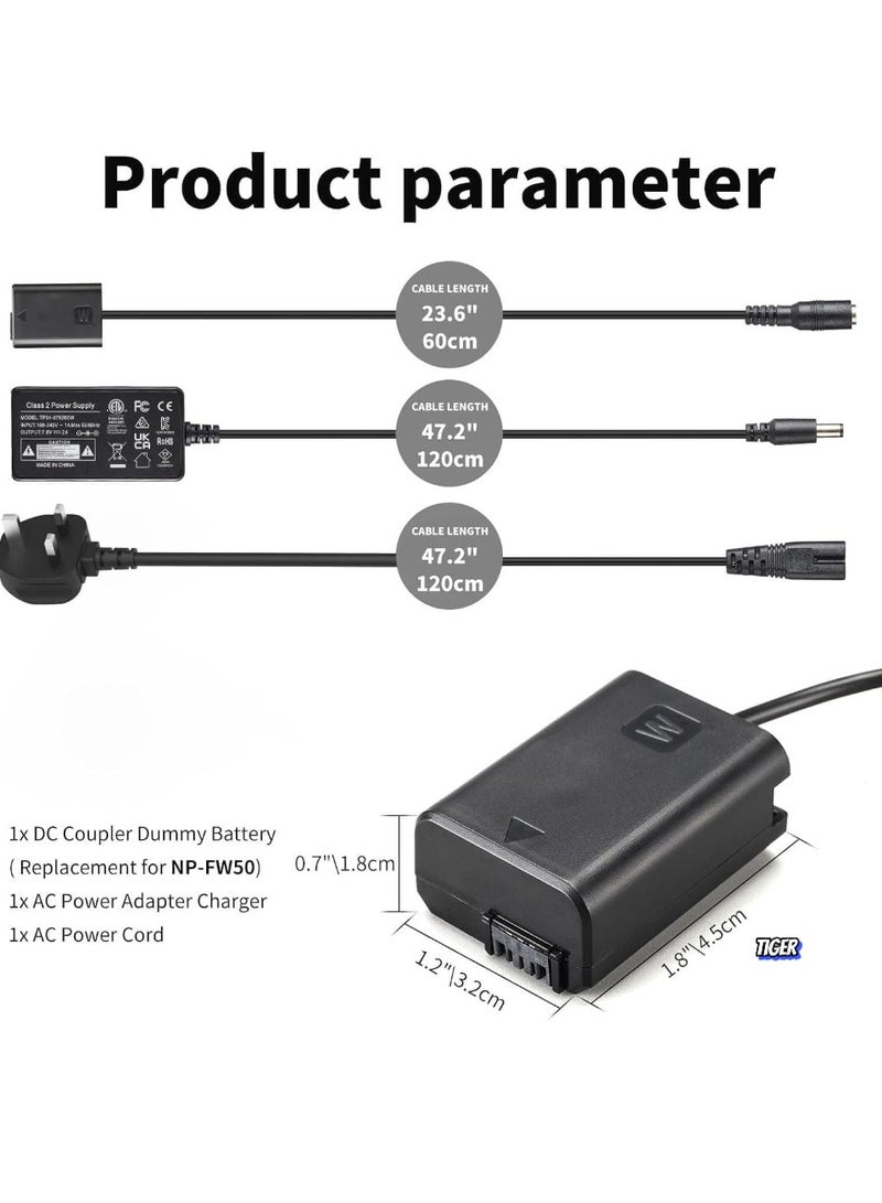 TIGER AC PW20 Power Supply Adapter & NP-FW50 Dummy Battery Kit for Sony Alpha Cameras – Compatible with A6500, A6400, A6300, A6100, A6000, A5100, A7 Series, RX10, ZV-E10 – Continuous Power for Photography and Videography  - Image 2