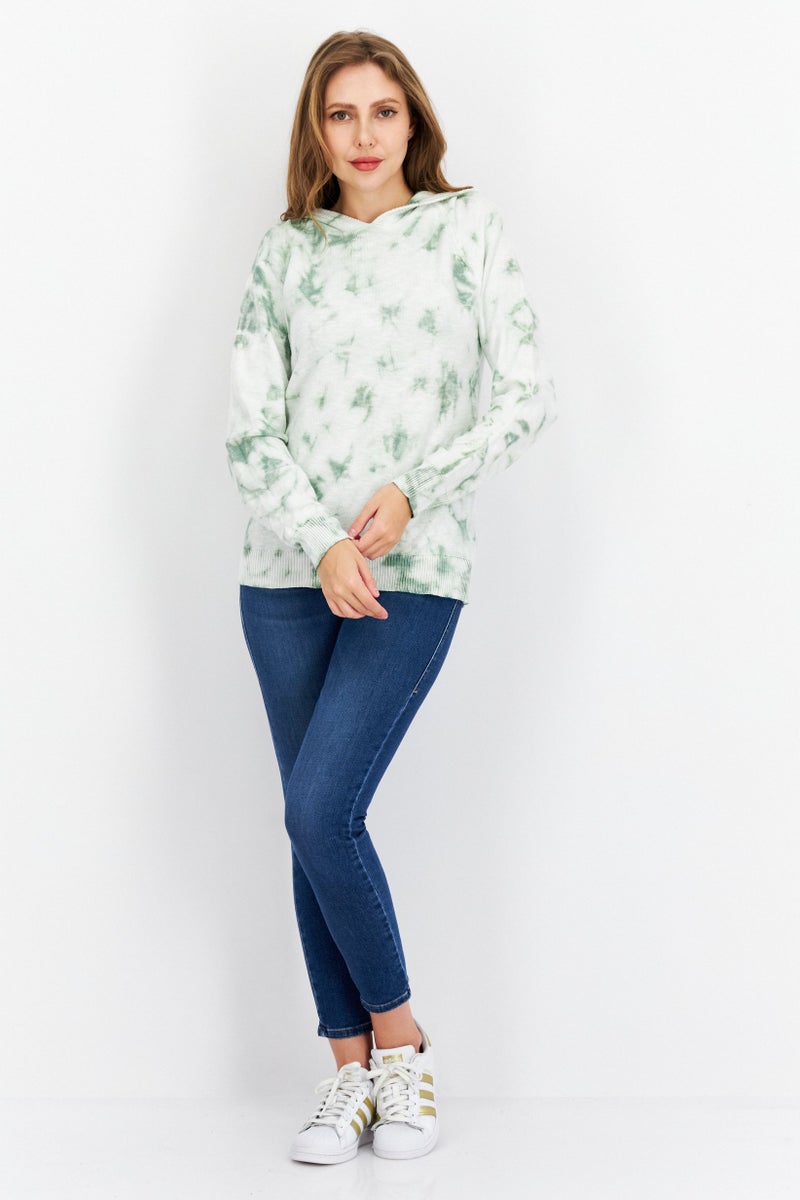 Weatherproof Women Tie Dye Printed Long Sleeve Hooded Sweater, Green - Image 3