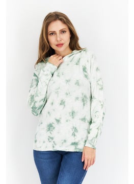 Weatherproof Women Tie Dye Printed Long Sleeve Hooded Sweater, Green  - Image 1