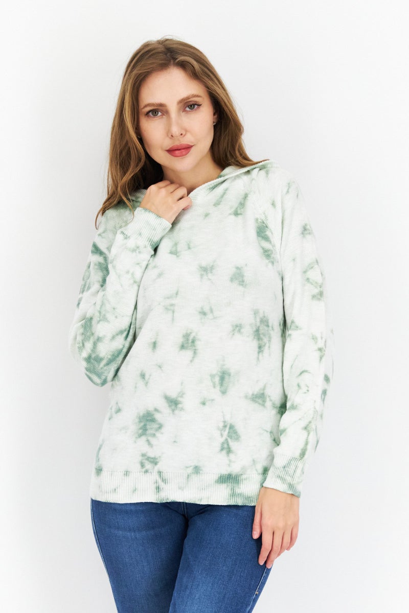 Weatherproof Women Tie Dye Printed Long Sleeve Hooded Sweater, Green - Image 1