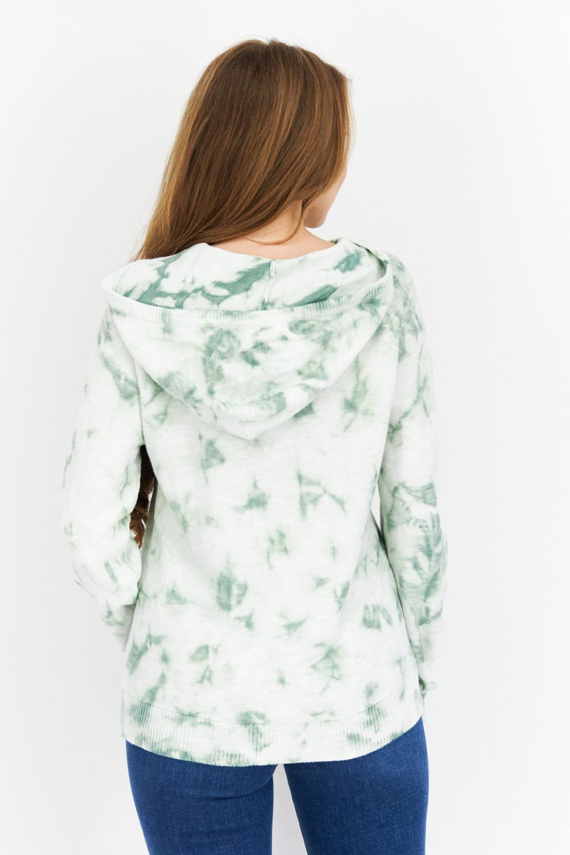 Weatherproof Women Tie Dye Printed Long Sleeve Hooded Sweater, Green - Image 2