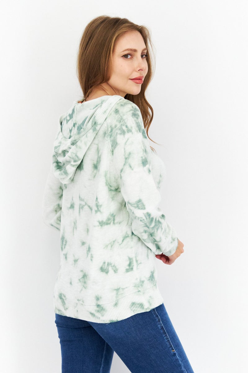 Weatherproof Women Tie Dye Printed Long Sleeve Hooded Sweater, Green - Image 2