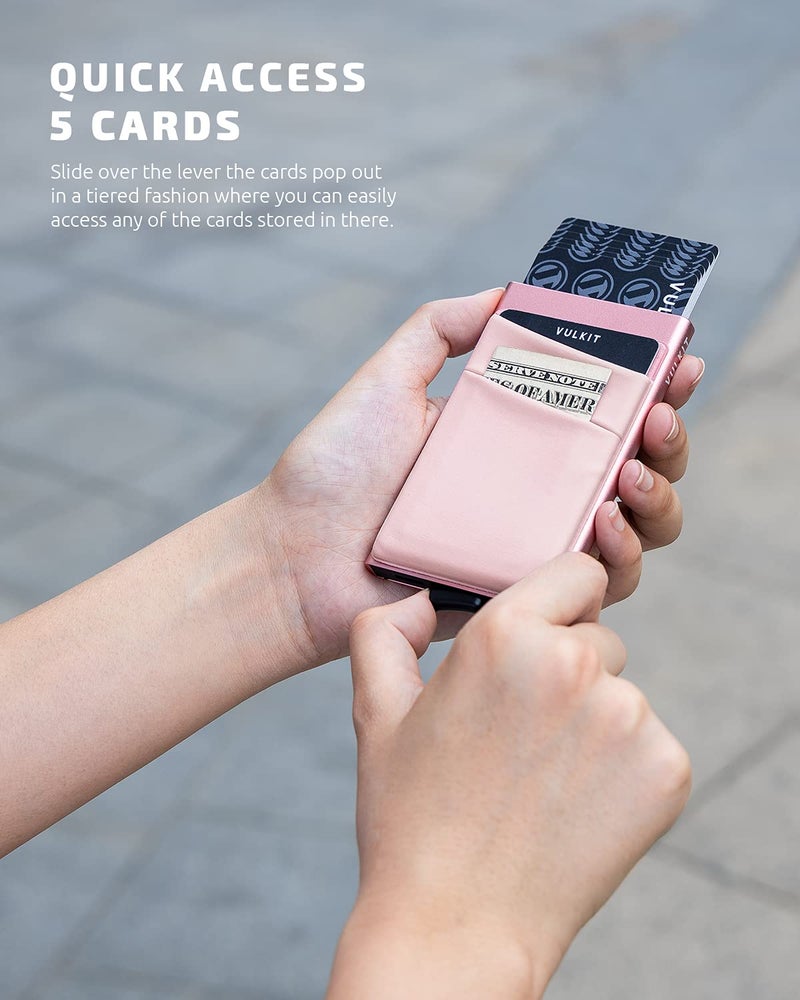 VULKIT VULKIT Card Holder with Money Pocket Pop Up Wallet RFID Blocking Slim Metal Bank Card Case Holds 5 Cards and Notes(Rose Gold)  - Image 2