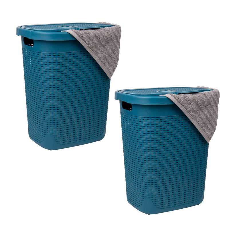 Mind Reader 50L Slim Laundry Hamper Clothes Basket Lid Wicker Design Plastic 1765L x 1375W x 21H Set of 2 Blue