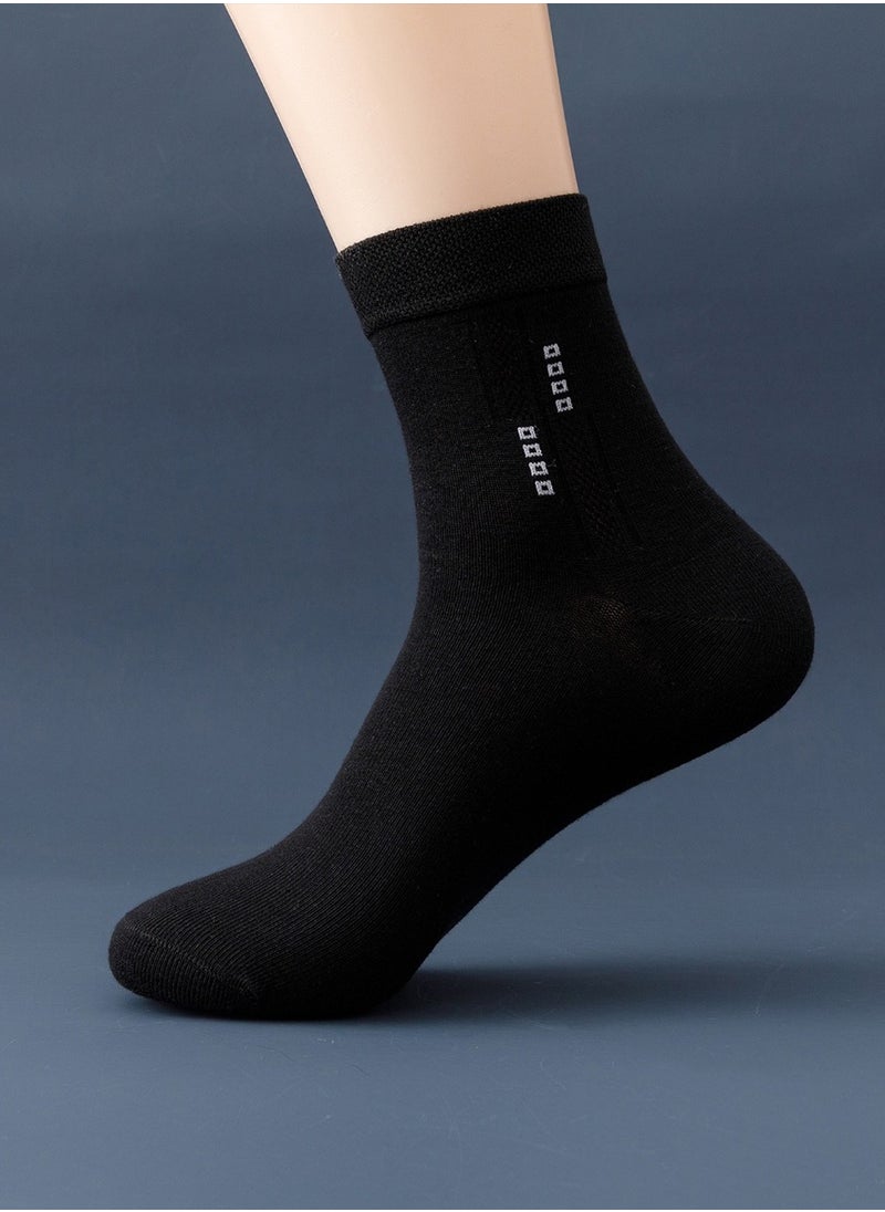 5 Pair 100% Cotton Men's Socks: Mid-Calf, Formal, Moisture-Wicking, Suitable for All Seasons, Star Dot Pattern in Pure Black for Business Casual Wear