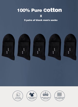 5 Pair 100% Cotton Men's Socks: Mid-Calf, Formal, Moisture-Wicking, Suitable for All Seasons in Pure Black for Business Casual Wear - view 2