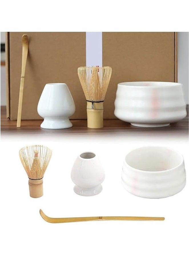 4 Piece Matcha Tea Set Matcha Whisk Kit Matcha Ceramic Bowl Matcha Whisk, White Whisk Holder Traditional Scoop Perfect Set to a Traditional of Matcha Tool (Pink and White) - Image 1