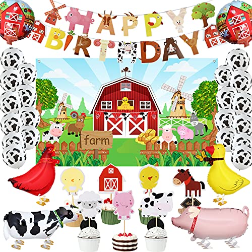 Sumind Farm Birthday Party Decorations Farm Animals Cow Theme Birthday Party Supplies Animals Barn Backdrop Banner Walking Balloons Cupcake Toppers Cow Print Balloons Set - Image 1