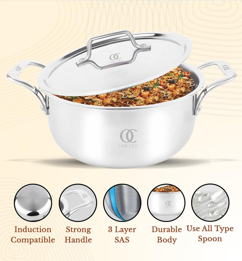 Omichef وعاء طهي أوميشيف ثلاثي الطبقات / فرن هولندي / وعاء برياني مع غطاء فولاذي | كبير 24 سم، 6 لتر، 1.94 كجم | وعاء طهي مناسب لل induction | جسم غير لاصق ثلاثي الطبقات، بدون طلاء كيميائي و 100% خالي من السموم - Image 4