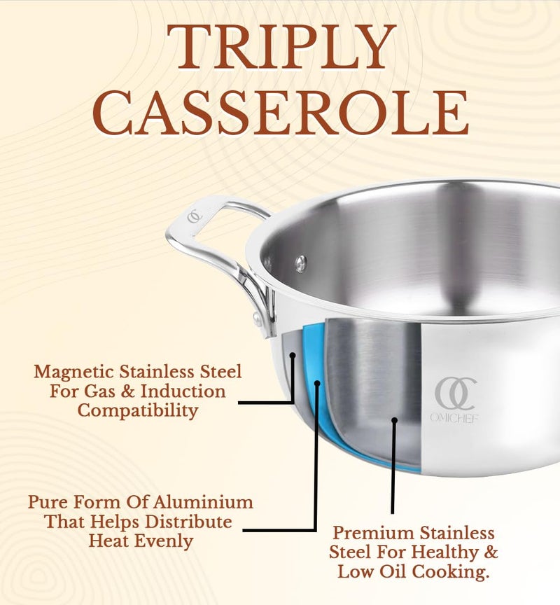 Omichef وعاء طهي أوميشيف ثلاثي الطبقات / فرن هولندي / وعاء برياني مع غطاء فولاذي | كبير 24 سم، 6 لتر، 1.94 كجم | وعاء طهي مناسب لل induction | جسم غير لاصق ثلاثي الطبقات، بدون طلاء كيميائي و 100% خالي من السموم - Image 5