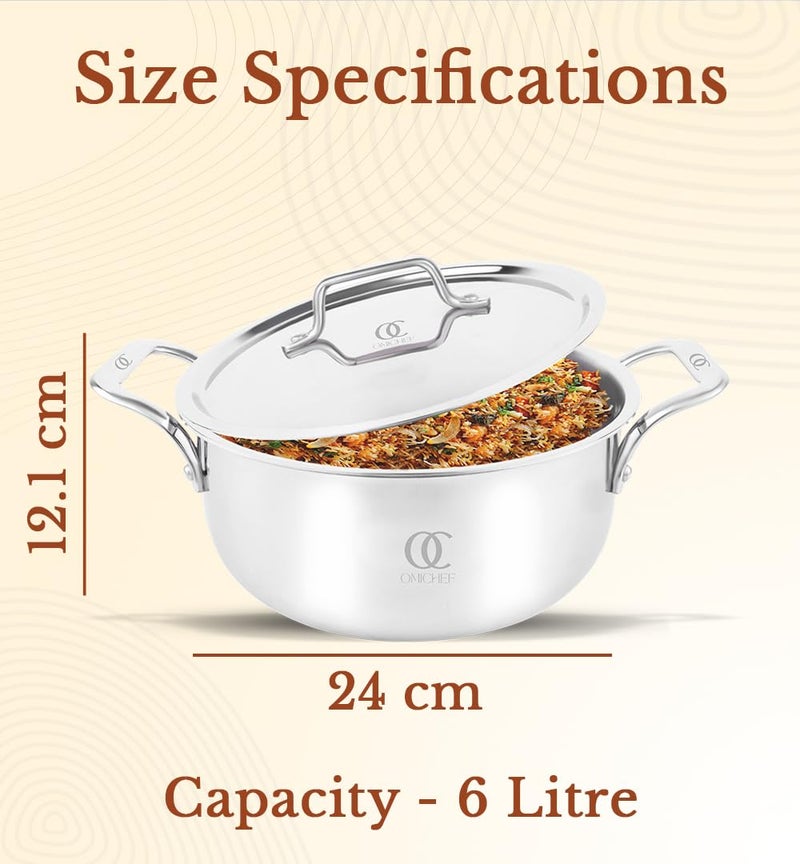 Omichef وعاء طهي أوميشيف ثلاثي الطبقات / فرن هولندي / وعاء برياني مع غطاء فولاذي | كبير 24 سم، 6 لتر، 1.94 كجم | وعاء طهي مناسب لل induction | جسم غير لاصق ثلاثي الطبقات، بدون طلاء كيميائي و 100% خالي من السموم - Image 3