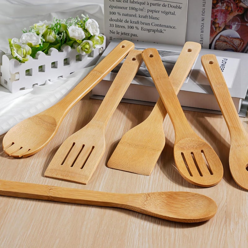 IOOLEEM Bamboo Wooden Spoons for Cooking 6 Pcs 12 Inch, Non-Stick Wooden Kitchen Utensils Set, Natural and Durable Wooden Spatula Spoons for Non-Stick Pan for Cooking - Image 2
