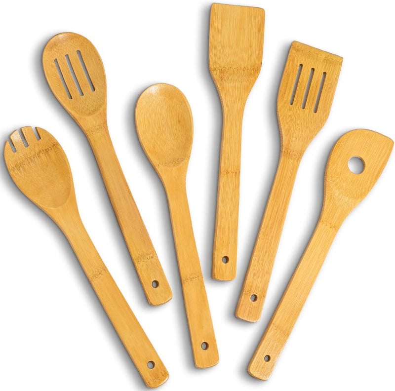 IOOLEEM Bamboo Wooden Spoons for Cooking 6 Pcs 12 Inch, Non-Stick Wooden Kitchen Utensils Set, Natural and Durable Wooden Spatula Spoons for Non-Stick Pan for Cooking - Image 1