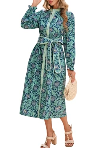 LifeShe Women Floral Midi Dress Long Sleeve Button Down Shirt Dress with Belt Blue - Image 1