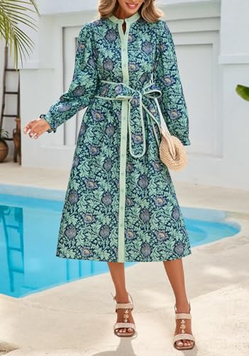 LifeShe Women Floral Midi Dress Long Sleeve Button Down Shirt Dress with Belt Blue - Image 3