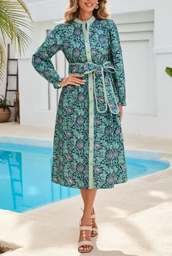 LifeShe Women Floral Midi Dress Long Sleeve Button Down Shirt Dress with Belt Blue - Image 4