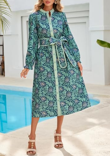 LifeShe Women Floral Midi Dress Long Sleeve Button Down Shirt Dress with Belt Blue - Image 5