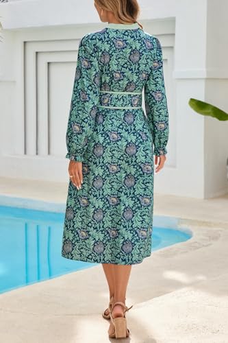LifeShe Women Floral Midi Dress Long Sleeve Button Down Shirt Dress with Belt Blue - Image 2