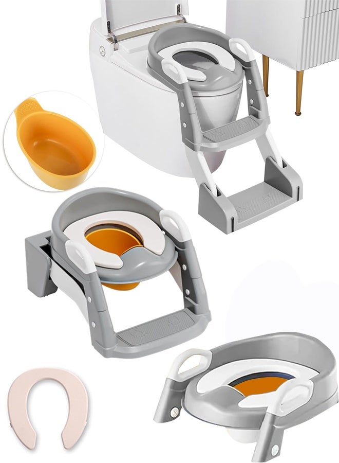 مقعد تدريب المرحاض 3 في 1 مع وسادة PU، مقعد تدريب للأطفال مع درج، كرسي مرحاض قابل للطي محمول مزوّد بسلم بارتفاع قابل للتعديل ومقبض حماية ناعم للأطفال الصغار، مناسب للأولاد والبنات - Image 1