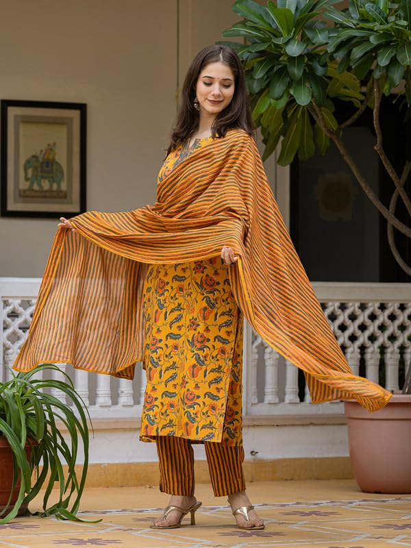 Vaamsi Women's Floral Straight Printed Kurta Pant With Dupatta Set (VKSKD2256_XXL_Yellow) - Image 5