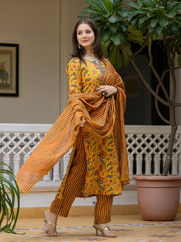 Vaamsi Women's Floral Straight Printed Kurta Pant With Dupatta Set (VKSKD2256_XXL_Yellow) - Image 3