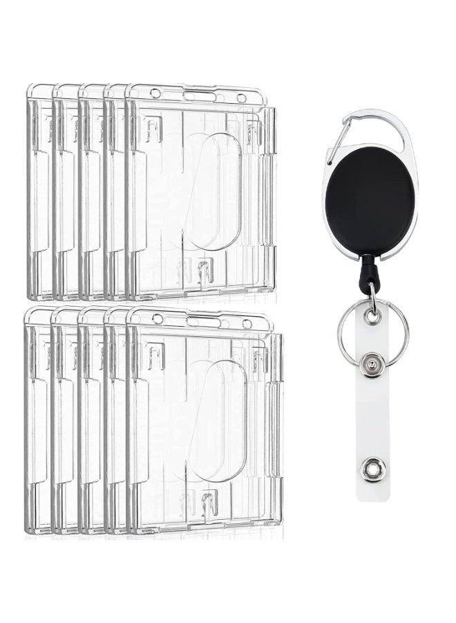 10 Pack Clear Hard Plastic Vertical ID Badge Holder with Thumb Slots – Includes Retractable Reel Carabiner Clip, 2-Card Protector for IDs, Credit Cards & Passes - Image 1