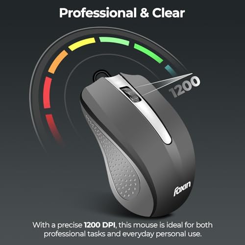 Foxin Glance Grey Wired USB Mouse | 1200 DPI Optical Sensor | Ergonomic & Lightweight (68g) with 3-Button | Plug & Play | 1.2M Cable | Silent Buttons | Wired Mouse for Laptop, PC, Desktop & Office Use - Image 3