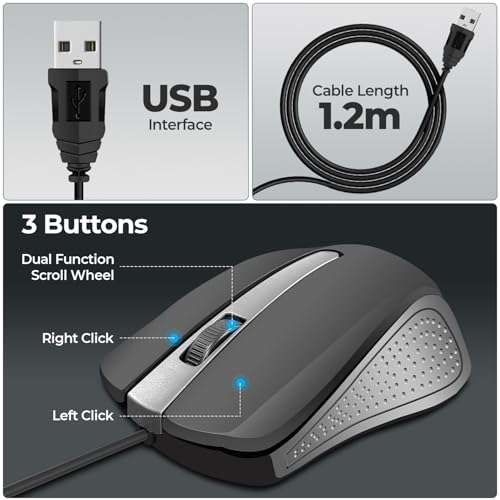 Foxin Glance Grey Wired USB Mouse | 1200 DPI Optical Sensor | Ergonomic & Lightweight (68g) with 3-Button | Plug & Play | 1.2M Cable | Silent Buttons | Wired Mouse for Laptop, PC, Desktop & Office Use - Image 5