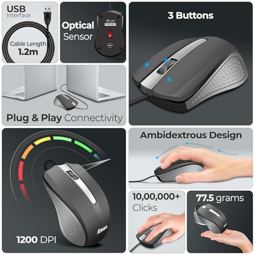 Foxin Glance Grey Wired USB Mouse | 1200 DPI Optical Sensor | Ergonomic & Lightweight (68g) with 3-Button | Plug & Play | 1.2M Cable | Silent Buttons | Wired Mouse for Laptop, PC, Desktop & Office Use - Image 2