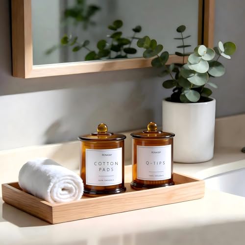 Ronasip Qtip Holder & Cotton Pad Dispenser, Bathroom Organizer and Storage Canisters, 16oz Glass Apothecary Jars for Kitchen, Restroom - Home Decor Accessories, Room Decor Aesthetic (2 Pack, Amber) - Image 2