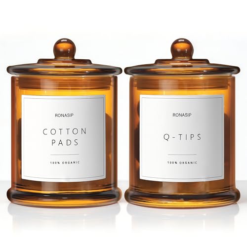 Ronasip Qtip Holder & Cotton Pad Dispenser, Bathroom Organizer and Storage Canisters, 16oz Glass Apothecary Jars for Kitchen, Restroom - Home Decor Accessories, Room Decor Aesthetic (2 Pack, Amber) - Image 1