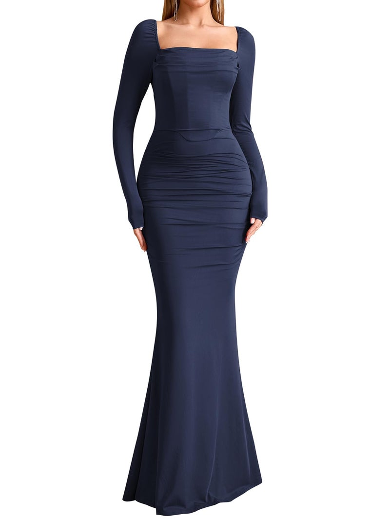 EYNMIN Corset Maxi Dress Long Sleeve Square Neck Ruched Bodycon Elegant Formal Wedding Guest Dresses for Women Navy - Image 1