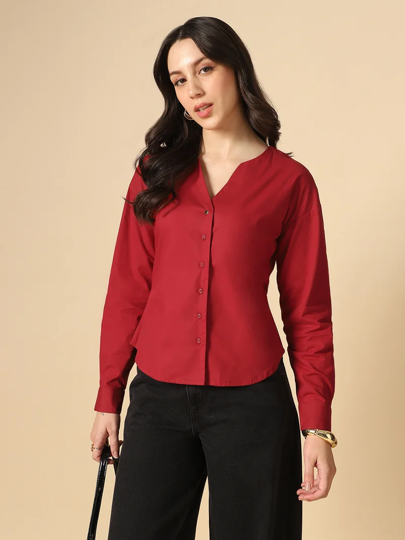 Globus Women Maroon V-Neck Cuffed Sleeves Solid Curved Hem Workwear Shirt