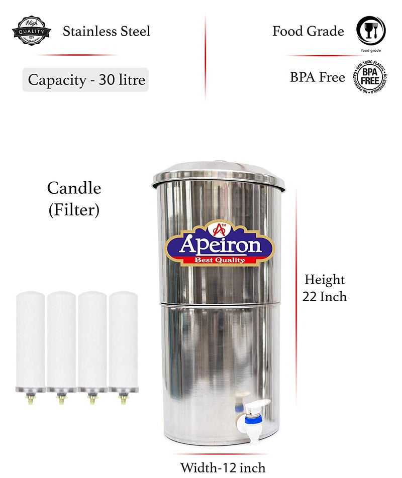 Apeiron Stainless Steel Non-Electric Water filter With 4 Ceramic Candles With Brass Knob 30 Liter Capacity - Image 2