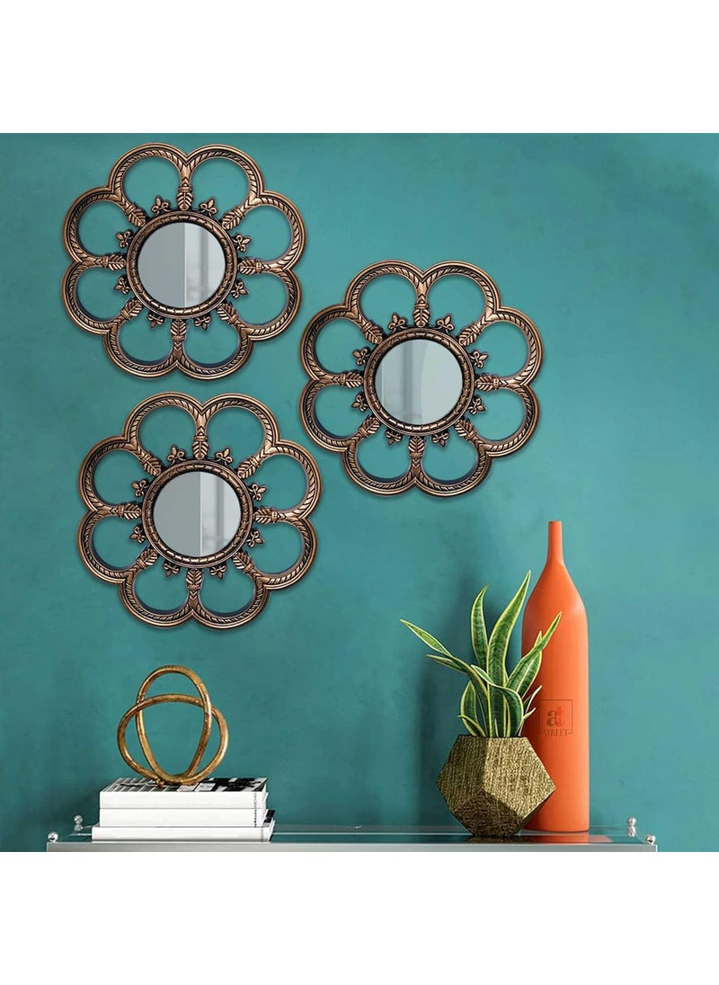 Art Street Art Street Set of 3 Beautiful Flower Shape Wall Mirrors for Home Décor Round Shape Bronze Decorative Wall Mirror for Living Room Decoration (Bronze, Size -10 x 10 Inchs)  - Image 2