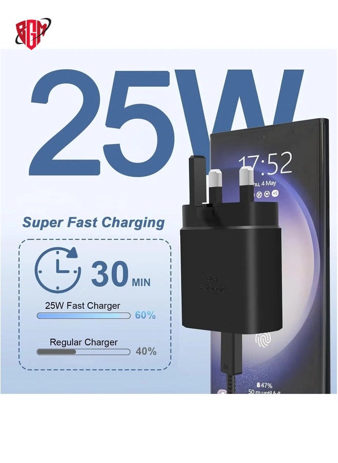BGM - Samsung 25W Super Fast Charger with 2M USB-C to USB-C Cable Type-C UK Wall Plug for Galaxy S24, S23 Ultra, S22, S21, A Series, and Z Flip/Fold Models - Image 1