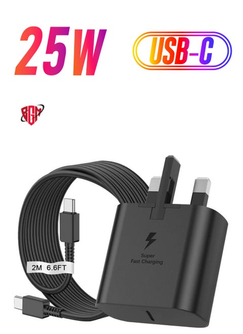 Samsung 25W Super Fast Charger with 2M USB-C to USB-C Cable Type-C UK Wall Plug for Galaxy S24, S23 Ultra, S22, S21, A Series, and Z Flip/Fold Models