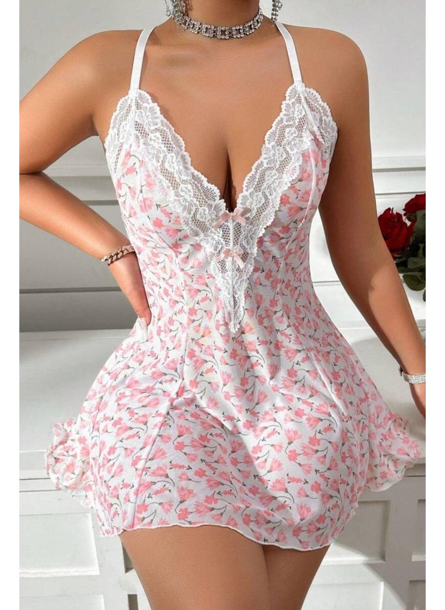 Bella Notte 2 Piece Dusty Pink Patterned Lace Thong and Nightgown  - Image 1