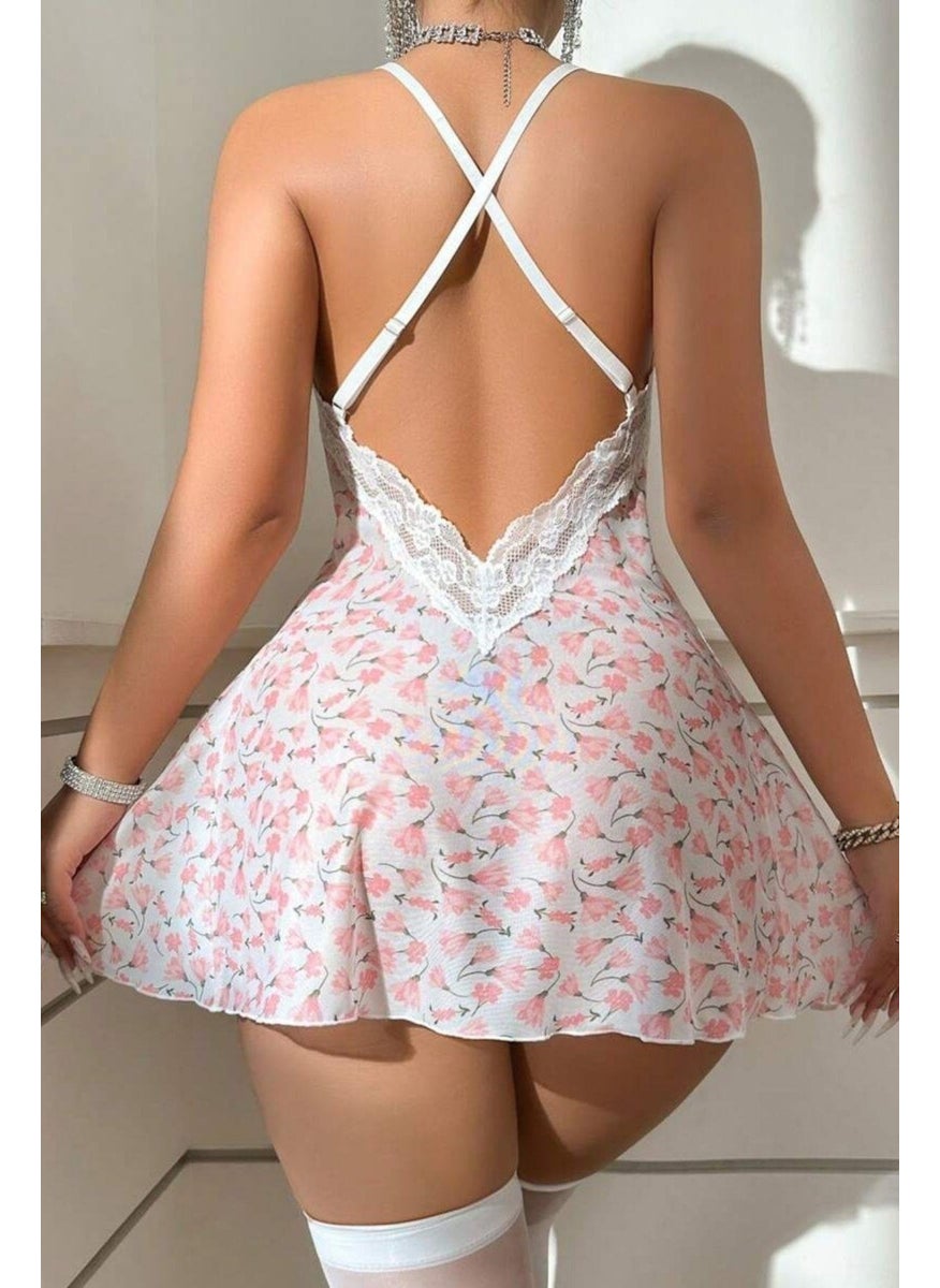 Bella Notte 2 Piece Dusty Pink Patterned Lace Thong and Nightgown  - Image 4