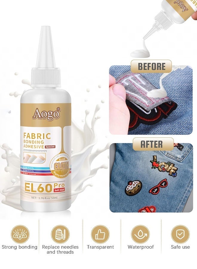 AOGO Fabric Glue Permanent, Fabric Glue for Clothing Permanent, Liquid Stitch Adhesive, Washable for Clothes, Cotton, Denim, Leather, Polyester, Ideal for Quick Repairs (50ML) - Image 1