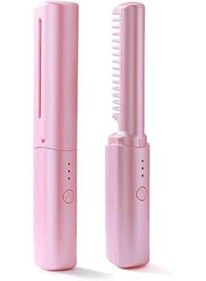 Mini Cordless Rechargeable Hair Straightener Comb, Portable Hot Brush with Negative Ion, Pink - Image 2