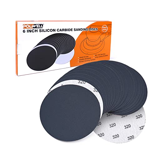 POLIWELL 6 Inch (150mm) 320 Grit Sanding Discs, Waterproof Hook & Loop Heavy Duty Silicon Carbide Round Flocking Sandpaper for Wet/Dry Sanding Grinder Polishing Accessories, 20-Pack - Image 1