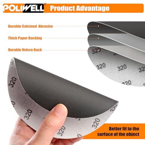 POLIWELL 6 Inch (150mm) 320 Grit Sanding Discs, Waterproof Hook & Loop Heavy Duty Silicon Carbide Round Flocking Sandpaper for Wet/Dry Sanding Grinder Polishing Accessories, 20-Pack - Image 3