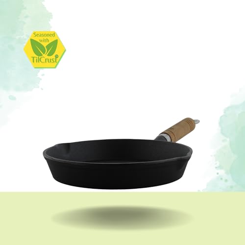 TRILONIUM Pre-Seasoned Cast Iron Sleek WHS8 Skillet | Fry Pan 20 cms, 1.2 Kgs, Sturdy Wooden Handle Induction Compatible - Image 3