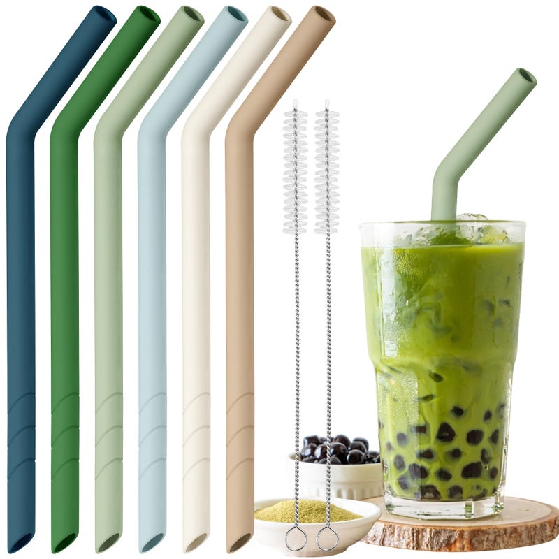 NiHome 6PCS Extra Wide Reusable Bent Silicone Straws for Boba, Smoothies, Bubble Tea, Eco-Friendly Bent Straws for Thick Drinks, Child-Safe, Customizable Length, 2 Brushes for Cleaning (Nature Colors) - Image 1