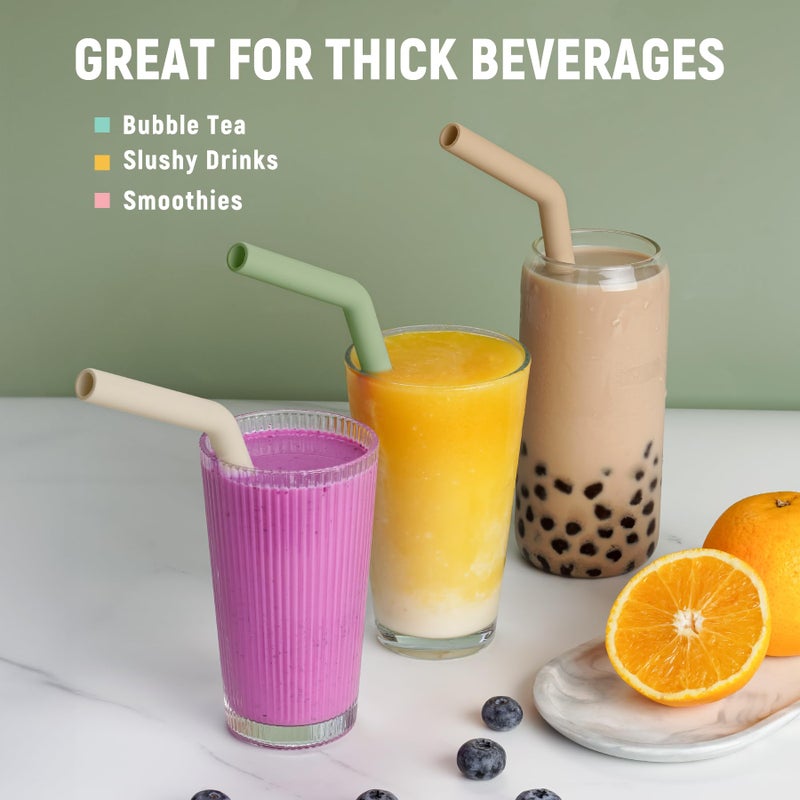 NiHome 6PCS Extra Wide Reusable Bent Silicone Straws for Boba, Smoothies, Bubble Tea, Eco-Friendly Bent Straws for Thick Drinks, Child-Safe, Customizable Length, 2 Brushes for Cleaning (Nature Colors) - Image 2